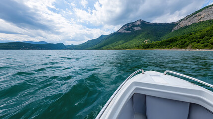 Scenic view from boat on lake with mountains and cloudy sky