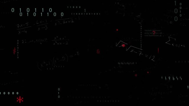 Equations drifting, binary bits rippling, red symbols blinking code scrolling forming digital scene