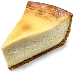A slice of classic cheesecake with a golden-brown top and graham cracker crust