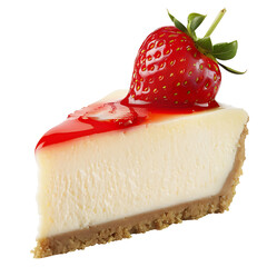 A slice of creamy cheesecake topped with a fresh strawberry and strawberry sauce
