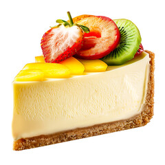 Slice of creamy cheesecake topped with fresh strawberries, kiwi, and mango slices