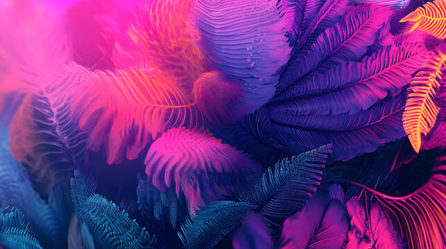 Close up view of a collection of colorful feathers with pink purple blue and yellow lighting effects - Powered by Adobe