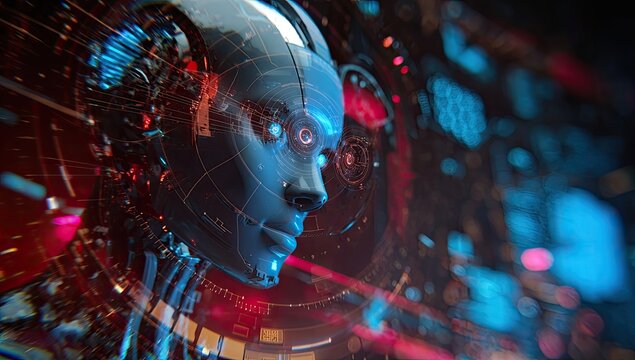 Futuristic humanoid robot head, complex tech, digital display with a blue hue - Powered by Adobe