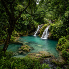 Fototapeta premium Tropical Jungle Waterfall with Turquoise Lagoon