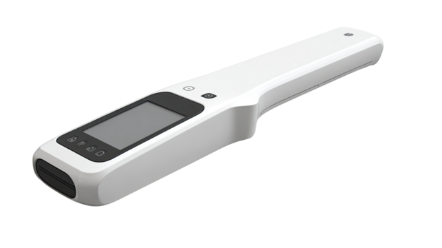 Portable, white handheld device with a screen.  Features a rectangular display and  has a handle