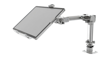 Gray tablet mount with adjustable arm.  Flat, rectangular tablet sits angled.  Arm extends from base.  Solid construction
