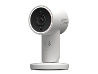White security camera with a circular lens, compact design