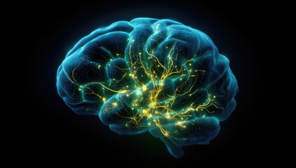 3D rendered brain with glowing neural pathways.  Dark background.  Blue-toned brain structure.  Yellow-green highlights on connections.  Illustrative, not anatomical accuracy