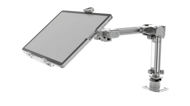 Gray tablet mount with adjustable arm.  Flat, rectangular tablet sits angled.  Arm extends from base.  Solid construction
