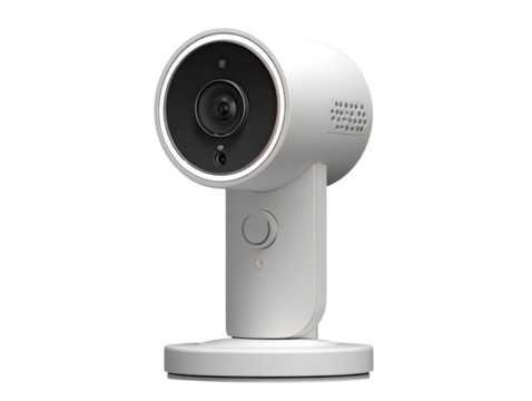 White security camera with a circular lens, compact design