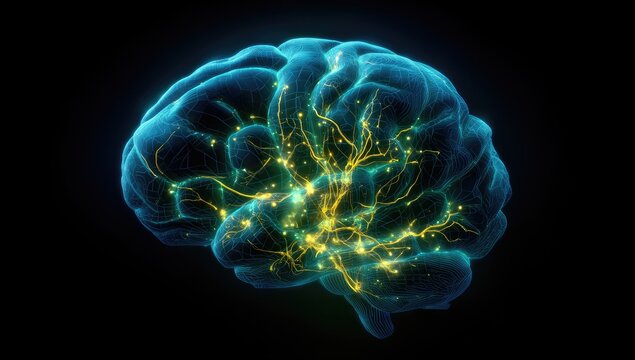 3D rendered brain with glowing neural pathways.  Dark background.  Blue-toned brain structure.  Yellow-green highlights on connections.  Illustrative, not anatomical accuracy
