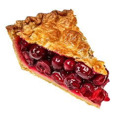A slice of cherry pie with a golden crust and vibrant red filling.