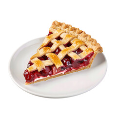 A slice of cherry pie with lattice crust served on a white plate