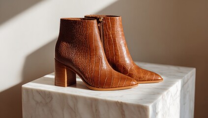 A pair of light brown crocodile-embossed ankle boots on a marble block.  Sunlight highlights the texture