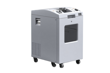 Light gray, boxy, freestanding machine with a recessed area.  Features a small handle, ventilation grilles, and caster wheels