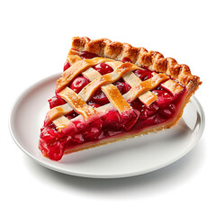 A slice of cherry pie with lattice crust on a white plate