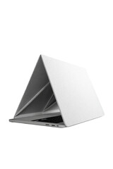 Sleek white laptop with a triangular stand