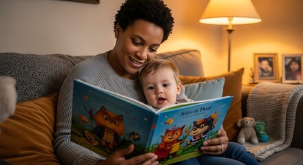 A mother and baby sharing a children's book, enjoying a cozy reading session at home.