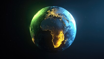 Earth globe, vibrant colors, illuminated continents