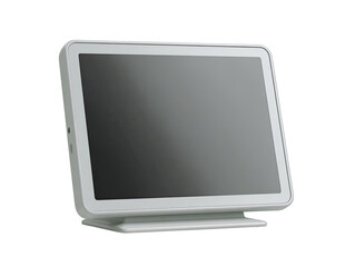 Light gray tablet-style terminal.  Flat screen, angled slightly.  Simple, modern design.  Small stand base