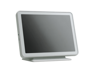 Light gray tablet-style terminal.  Flat screen, angled slightly.  Simple, modern design.  Small stand base
