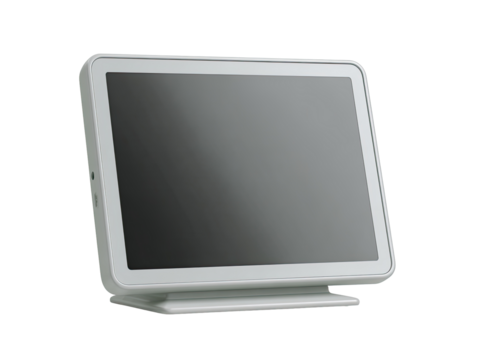Light gray tablet-style terminal.  Flat screen, angled slightly.  Simple, modern design.  Small stand base