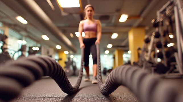 Dynamic Low-angle Shot of a Determined Woman Engaging in a High-intensity Battle Rope Workout in a Modern Gym, Emphasizing Strength and Active Lifestyle.