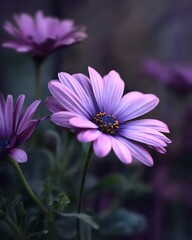 Obraz premium Delicate purple daisy flowers bloom in soft focus with a moody dark background