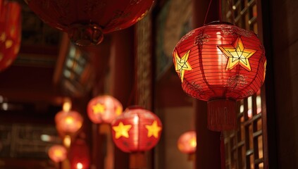 Naklejka premium Red lanterns hang in a temple, warm glow