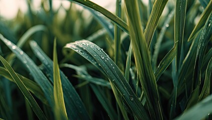 Close-up of dewy grass blades