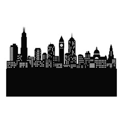 Naklejka premium Modern cityscape silhouette with iconic buildings and architectural detail in black and white silhouette