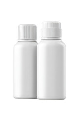 Two identical, blank, white plastic bottles,  close-up,  showing rounded rectangular shape.  White caps on top.  Product packaging