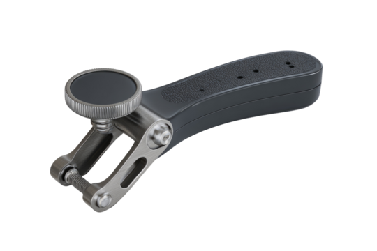 A dark gray/black adjustable lever with a circular knob.  Metal and plastic components