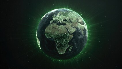 Obraz premium Earth globe, digitally enhanced with a vibrant green aura, highlighting continents and city lights
