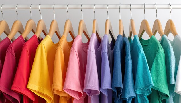 Row of colorful t-shirts on a clothes rack