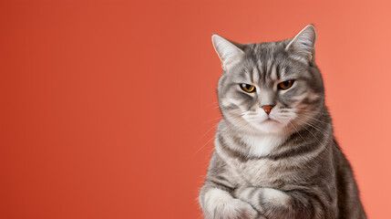 An expressive gray tabby cat confidently displays its displeasure against a vibrant orange background, exuding an air of sophisticated disdain.