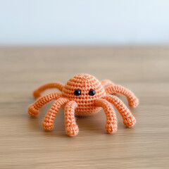 A charming crocheted spider, its soft, textured form and endearing features exude a playful appeal and is captured against a simple background, highlighting its handcrafted nature.