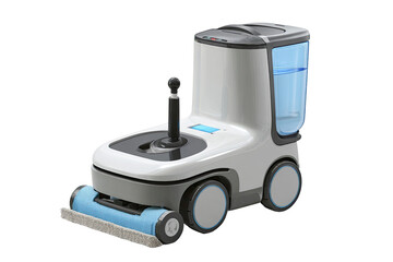 Obraz premium Compact, automated floor cleaning robot with a light gray and white chassis, featuring a light blue mop attachment and water reservoir. A control panel and joystick are visible