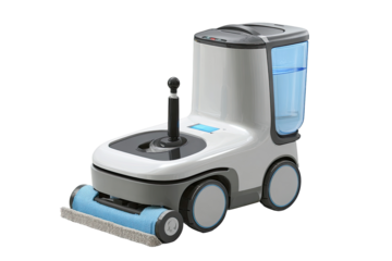 Compact, automated floor cleaning robot with a light gray and white chassis, featuring a light blue mop attachment and water reservoir.  A control panel and joystick are visible