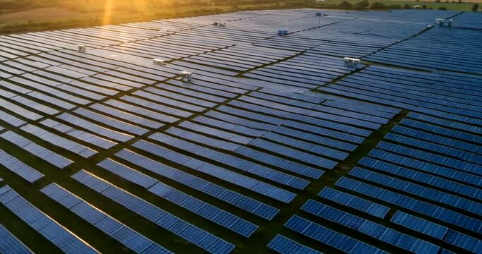Aerial view of solar panels at sunset in a field