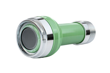 Close-up of a light-green plumbing fitting with a chrome-colored collar and lens-like window