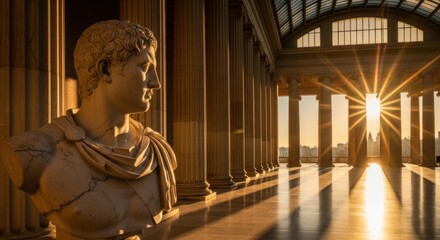 A classical marble bust gazes towards the sunbeams streaming through a grand colonnaded hall