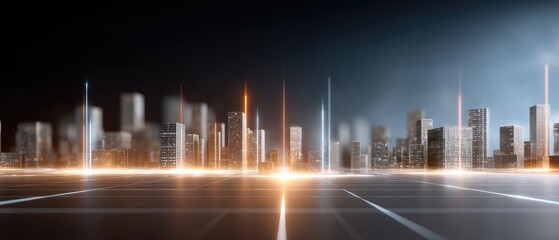 Twinkling lights reflect off calm waters as skyscrapers dominate the skyline, creating a vibrant atmosphere during twilight hours