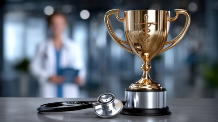 A trophy and stethoscope are positioned on a clinical document against a high-tech background focusing on advancements in healthcare
