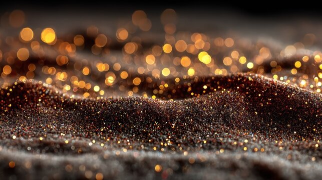 A close up of a pile of gold glitter. The glitter is scattered all over the surface, creating a sparkling effect. Concept of luxury and opulence, as the glitter is often associated with wealth