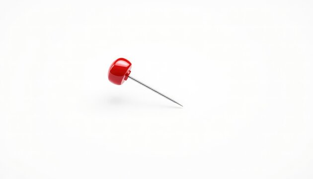 Vibrant red push pin with a shiny finish casts a subtle shadow on a seamless, crisp white background in a minimalistic studio shot
