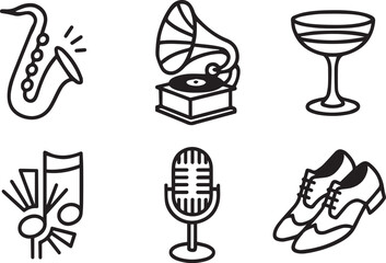 1920s Jazz Age Icon Set: 6 Black and White Line Icons for Speakeasy and Music Design, Featuring Saxophone, Gramophone, and Cocktail Symbols.