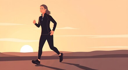 Energetic Young Woman Jogging Outdoors at Sunset, Embracing a Healthy Lifestyle and Fitness Routine in a Serene