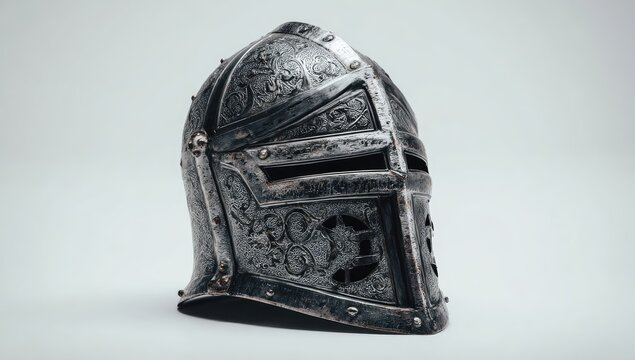 Ornate medieval helmet, profile view