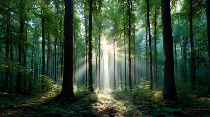 Golden Sunbeams Piercing Through Lush Green Forest Canopy in Misty Morning Light